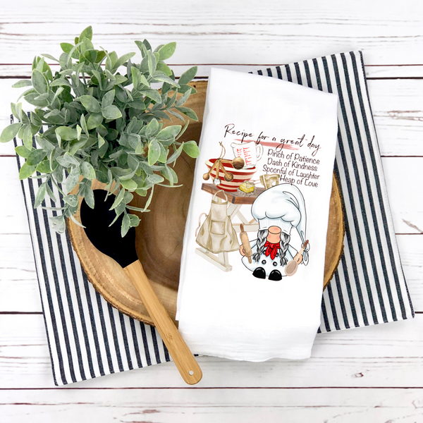 Baking Recipe Design, Holiday Gnome,  Holiday Tea Towel, Christmas Kitchen Décor, Christmas Party Décor, Hostess Holiday Gift