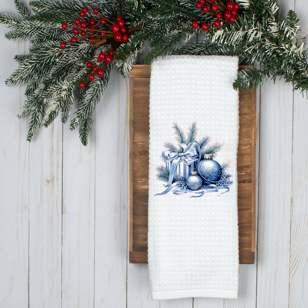 Blue Ornament Design, Holiday Tea Towel, Christmas Kitchen Décor, Christmas Party Décor, Hostess Holiday Gift