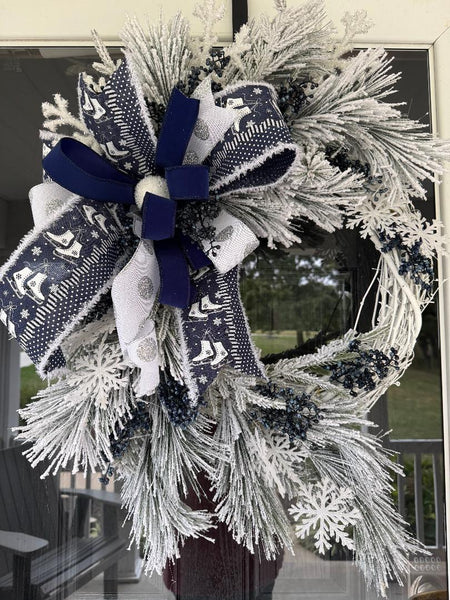 Blue and white winter wreath, ice skate ribbon wreath, winter grapevine wreath, flocked greenery wreath, elegant holiday wreath, navy and white Christmas wreath, snowy door wreath, rustic winter décor