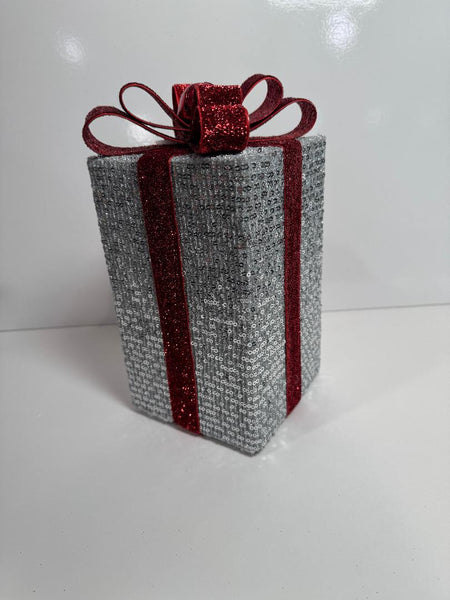 Silver Holiday Gift Box with Red Glitter Bow and Bell