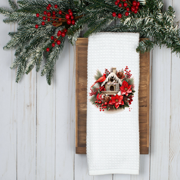 Cardinal Bird House Design, Holiday Tea Towel, Christmas Kitchen Décor, Christmas Party Décor, Hostess Holiday Gift