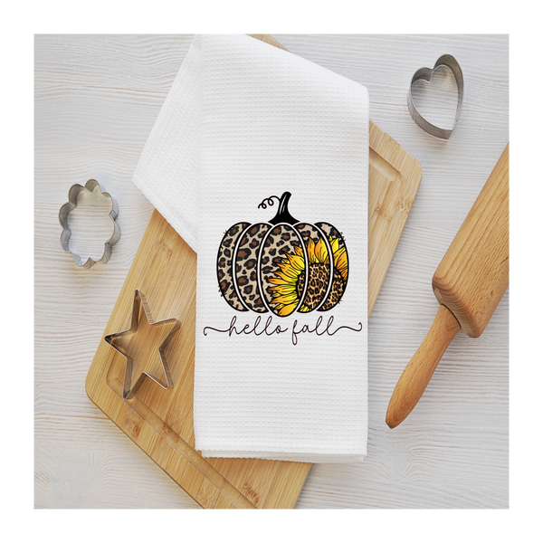 Cheetah Pumpkin Sunflower Fall Tea Towel, Hello Fall Design, Fall Kitchen Décor, Fall Party Décor
