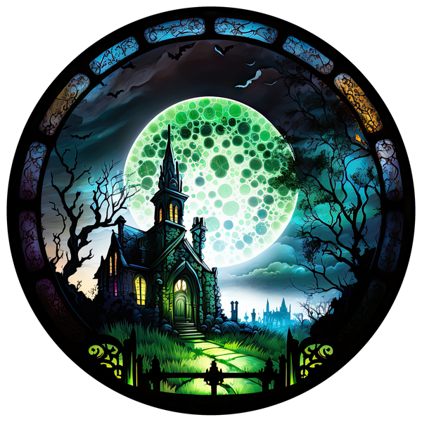 Spooky Church Sign, Stained Glass Design, Full Moon, Wreath Sign, Wreath Center, Wreath Attachment