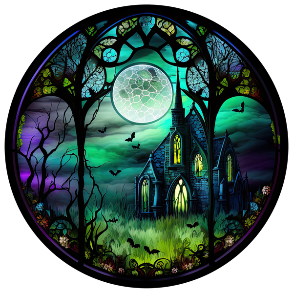 Stained Glass Halloween Sign, Full Moon, Spooky Church, Wreath Sign, Wreath Center, Wreath Attachment