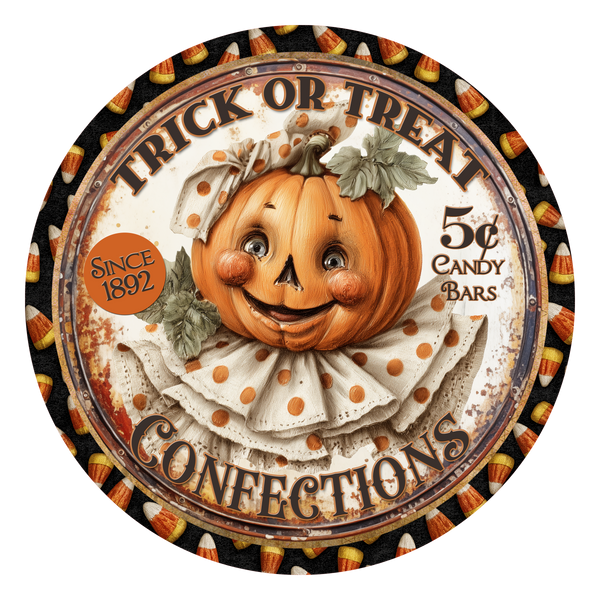H126  Trick or Treat Sign, Retro Sign, Halloween Sign, Metal Sign, Wreath Sign
