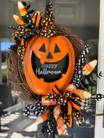 Happy Halloween wreath, grapevine wreath Halloween, pumpkin door wreath, candy corn wreath, Halloween door hanger, jack-o’-lantern wreath, Halloween porch décor