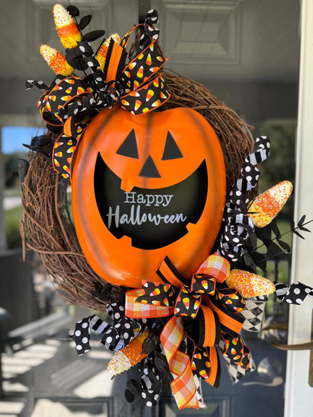 Happy Halloween wreath, grapevine wreath Halloween, pumpkin door wreath, candy corn wreath, Halloween door hanger, jack-o’-lantern wreath, Halloween porch décor