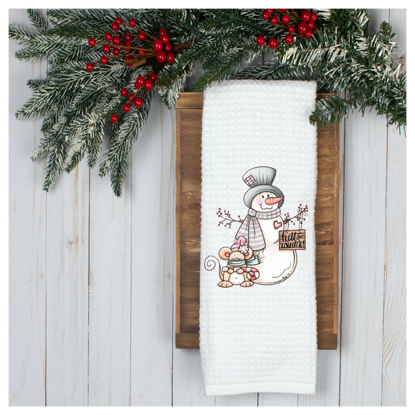 Hello Winter Snowman Tea Towel, Holiday Tea Towel, Christmas Kitchen Décor, Christmas Party Décor, Hostess Holiday Gift