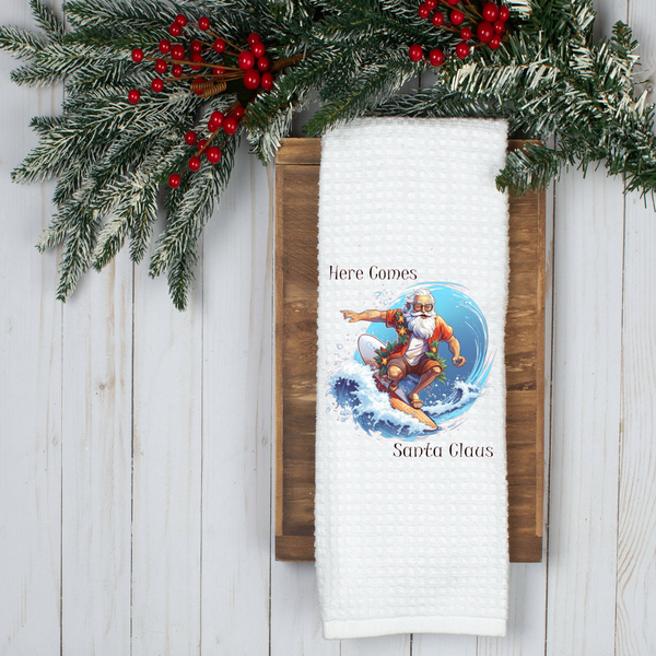 Here Comes Santa Claus Design, Holiday Tea Towel, Christmas Kitchen Décor, Christmas Party Décor, Hostess Holiday Gift
