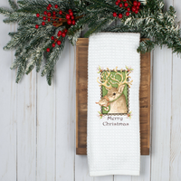 Merry Christmas Deer Design, Holiday Tea Towel, Christmas Kitchen Décor, Christmas Party Décor, Hostess Holiday Gift