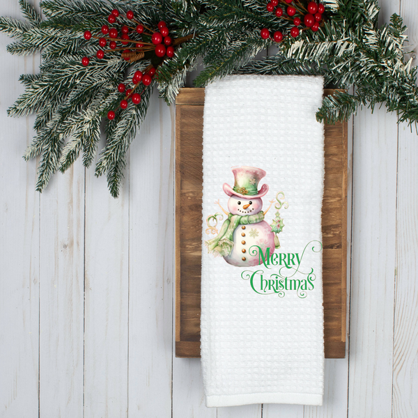 Merry Christmas Pink Snowman Design, Holiday Tea Towel, Christmas Kitchen Décor, Christmas Party Décor, Hostess Holiday Gift