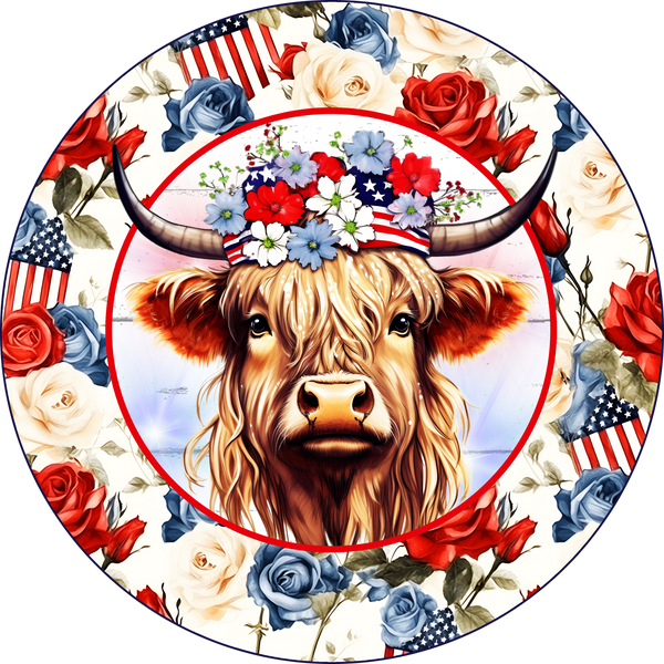 Highland Cow Design, 4th of July Sign, Patriotic -Summer Sign, Wreath Center, Wreath Attachment