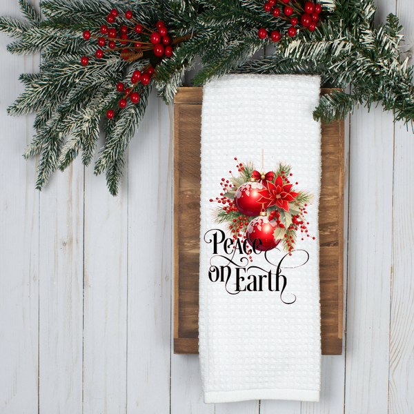 Peace On Earth Red Ornament Design, Holiday Tea Towel, Christmas Kitchen Décor, Christmas Party Décor, Hostess Holiday Gift