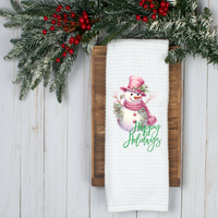 Happy Holiday Pink Snowman Design, Holiday Tea Towel, Christmas Kitchen Décor, Christmas Party Décor, Hostess Holiday Gift