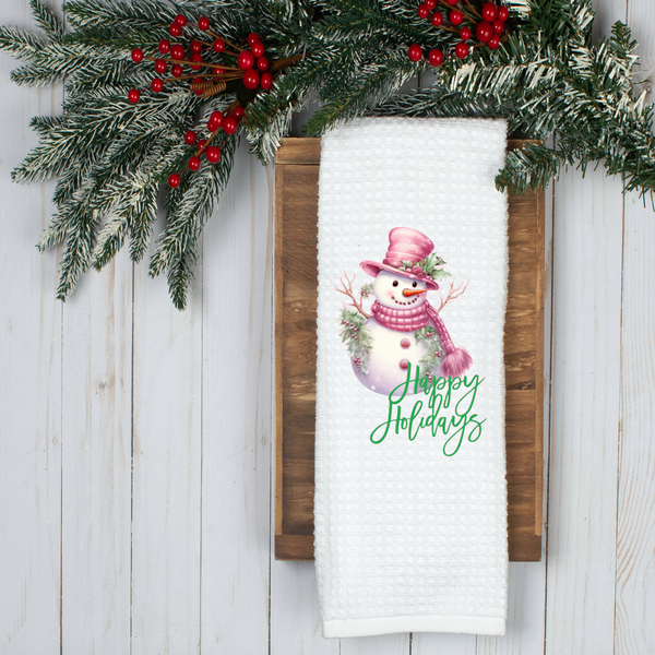 Happy Holiday Pink Snowman Design, Holiday Tea Towel, Christmas Kitchen Décor, Christmas Party Décor, Hostess Holiday Gift