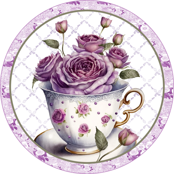 Purple Tea Cup Rose Sign, Mothers Day, Spring Design, Wreath Sign, Wreath Center