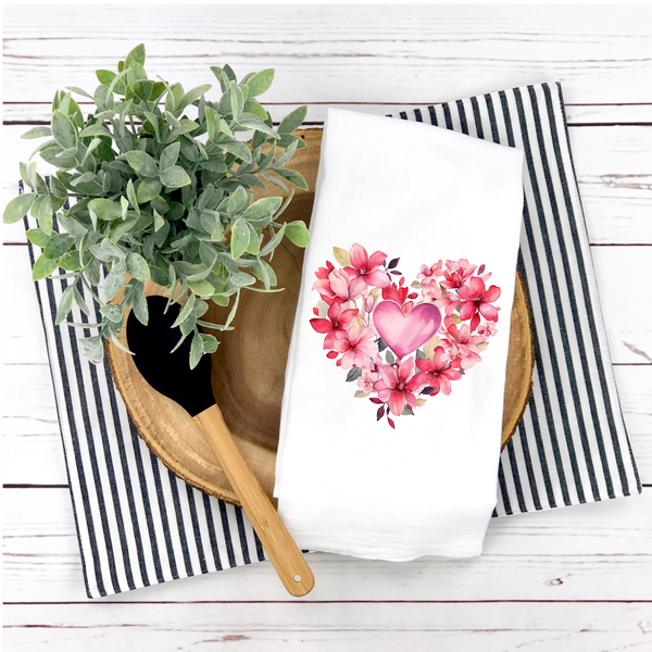 Floral Heart Design, Valentine Tea Towel,  Kitchen Décor, Valentine Party Décor, Hostess Valentine Gift