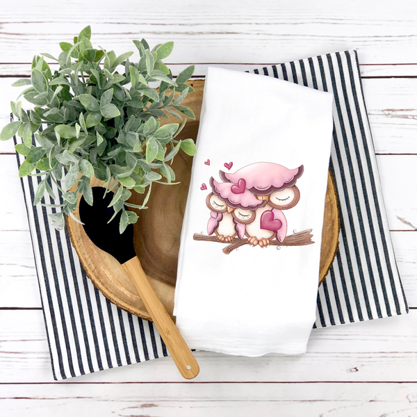 Sweetheart Owl Design,  Valentine Tea Towel,  Kitchen Décor, Valentine Party Décor, Hostess Valentine Gift