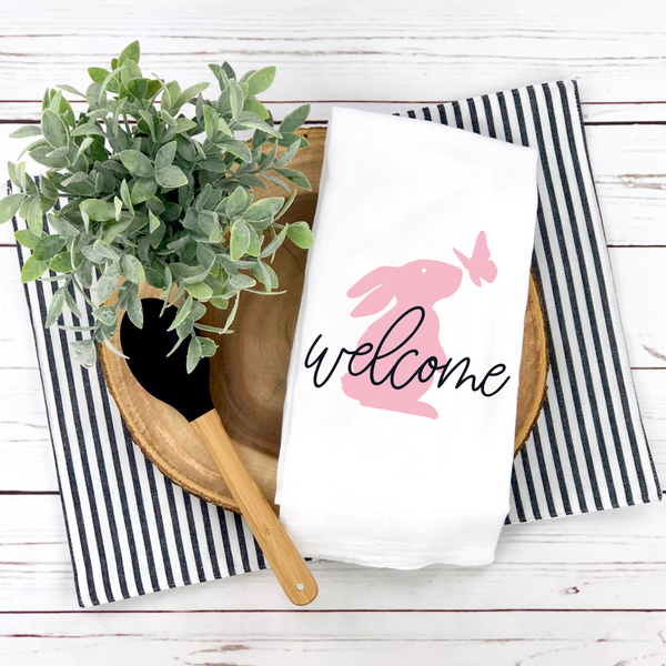 Welcome Bunny Tea Towel Design, Easter Design,  Easter -Spring Kitchen Décor, Spring Hostess Gift