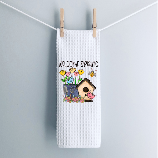 Welcome Spring Design, Spring Tea Towel,  Kitchen Décor, Hostess Gift