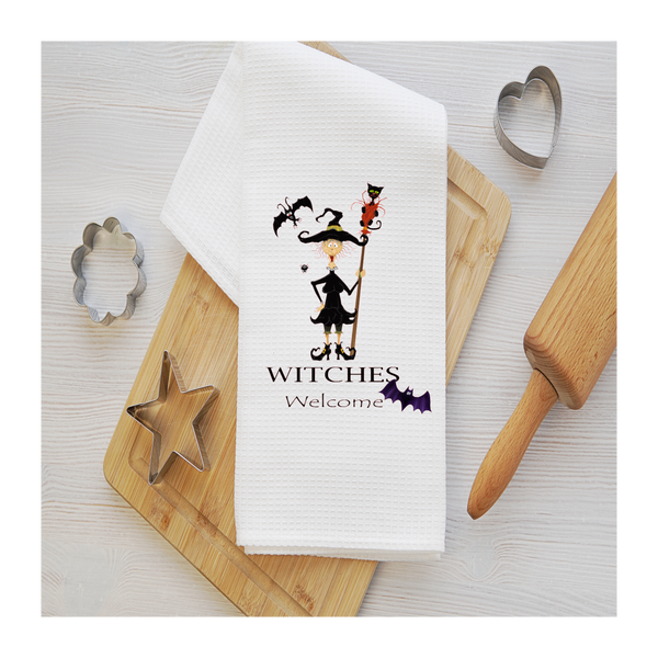 Witches Welcome Tea Towel, Halloween Tea Towel, Halloween Kitchen Décor, Halloween Party Décor