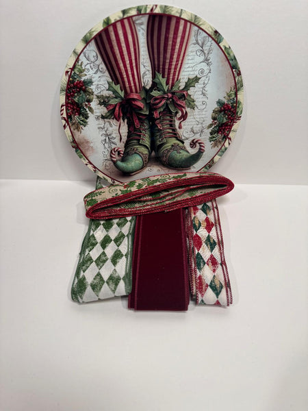 #809 Elf Shoe Sign and Ribbon Bundle,  Holiday Sign, Holiday Ribbon