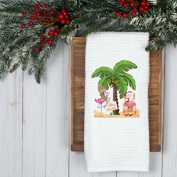 Beach Santa, Tropical Design, Holiday Tea Towel, Christmas Kitchen Décor, Christmas Party Décor