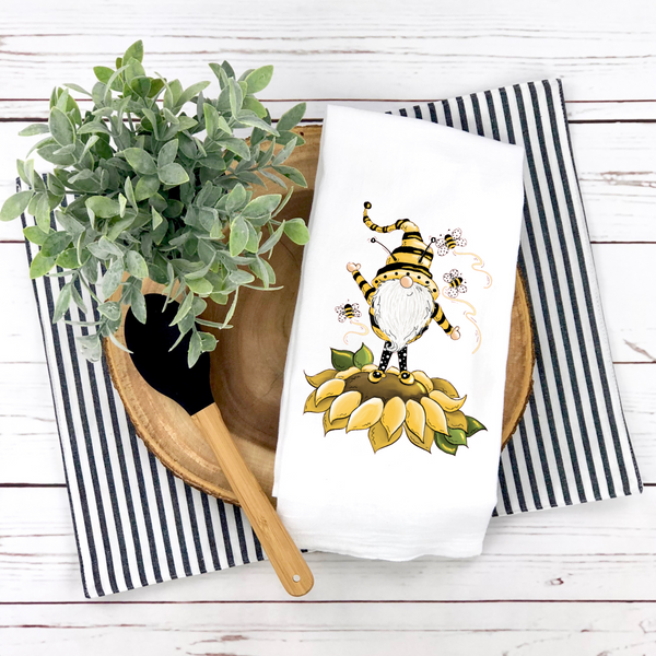 Bee & Gnome Tea Towel, Sunflower Design, Summer Tea Towel, Summer Kitchen Décor