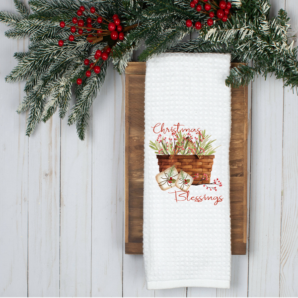 Christmas Blessings Basket Design,  Tea Towel, Christmas Kitchen Décor, Christmas Party Décor, Hostess Holiday Gift