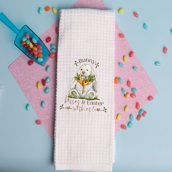 Bunny Kisses & Easter Wishes, Spring - Easter Tea Towel Design, Spring Kitchen Décor, Spring Hostess Gift