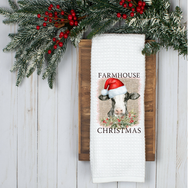 Farmhouse Christmas Cow, Holiday Tea Towel, Christmas Kitchen Décor, Christmas Party Décor, Hostess Holiday Gift