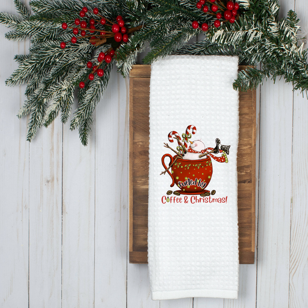 Fueled By Coffee & Christmas Design, Holiday Tea Towel, Christmas Kitchen Décor, Christmas Party Décor