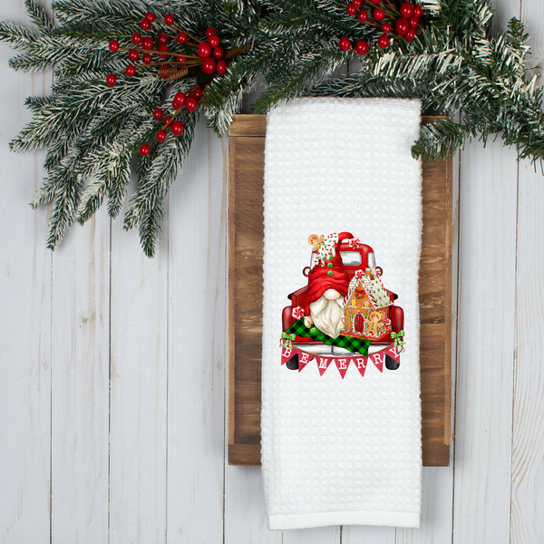Gnome Red Truck, Be Merry, Gingerbread, Holiday Tea Towel, Christmas Kitchen Décor, Christmas Party Décor, Hostess Holiday Gift