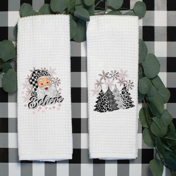 Santa and Holiday Tree Design  Holiday Tea Towel, Christmas Kitchen Décor, Christmas Party Décor