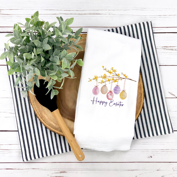 Happy Easter Egg Branch Tea Towel, Easter Décor, Spring Florals, Easter -Spring Kitchen Décor, Spring Hostess Gift