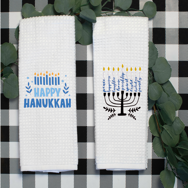 Happy Hanukkah,  Holiday Tea Towel, Holiday Kitchen Décor, Holiday Party Décor, Holiday Hostess Gift