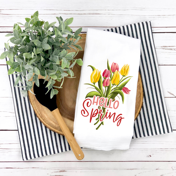 Hello Spring, Floral Design, Spring Tea Towel,  Kitchen Décor, Hostess Gift