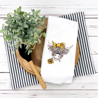 Highland Cow Design, Longhorn Cow, Whimsical Tea Towel,  Spring Summer Tea Towel, Spring Summer Kitchen Décor, Hostess Gift