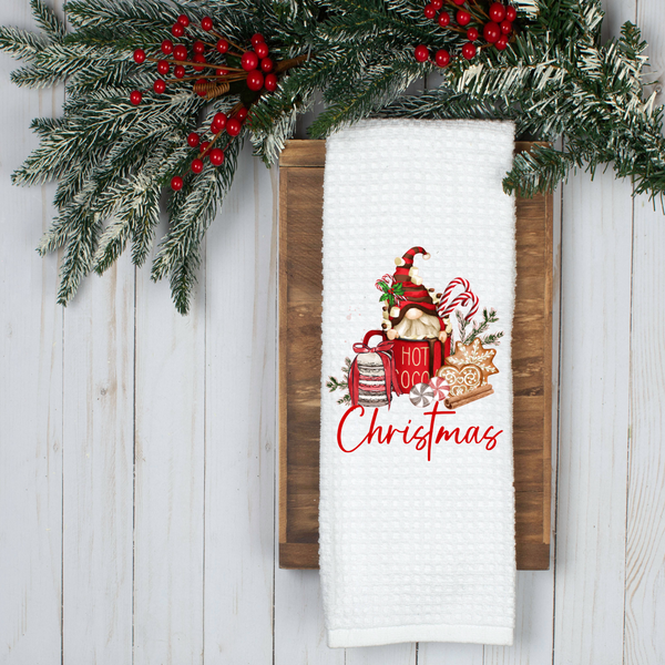 Hot Cocoa, Holiday Gnome, Gingerbread Cookies,  Holiday Tea Towel, Christmas Kitchen Décor, Christmas Party Décor, Hostess Holiday Gift