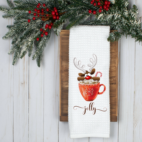 Jolly Hot Chocolate, Holiday Tea Towel, Christmas Kitchen Décor, Christmas Party Décor, Hostess Holiday Gift