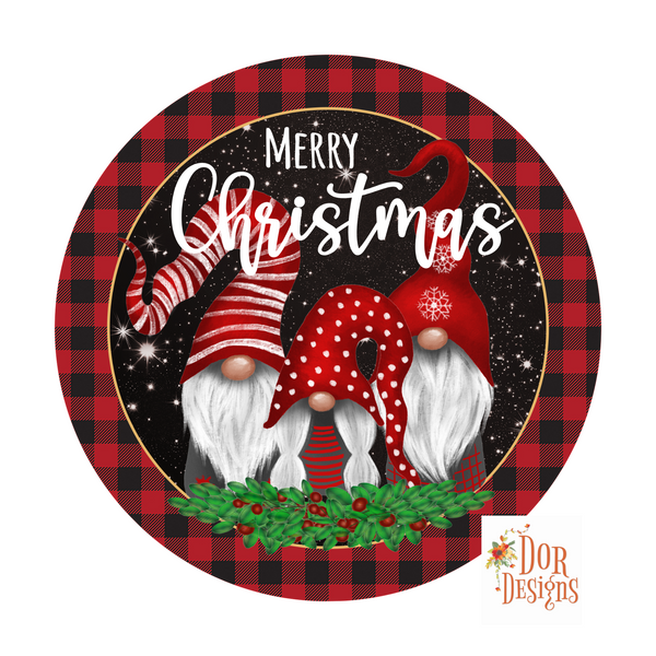 Holiday Gnomes, Merry Christmas, Red and Black Check, Holly Berries, Wreath Sign, Wreath Supplies, Wreath Center