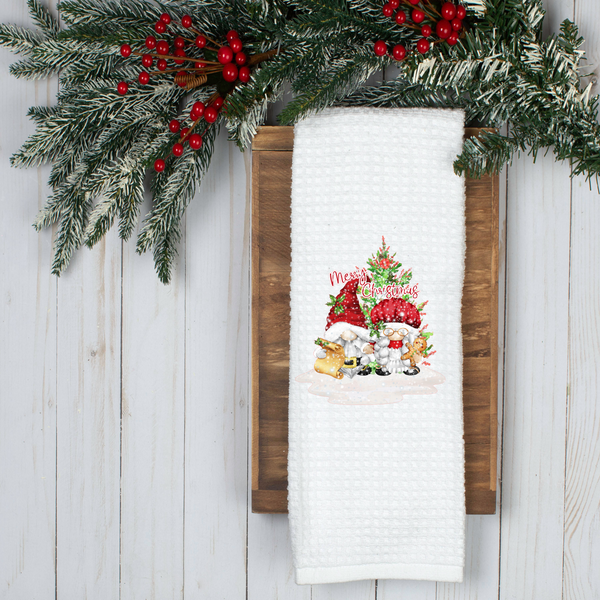 Merry Christmas Gnomes Tea Towel,  Holiday Tea Towel, Christmas Kitchen Décor, Christmas Party Décor