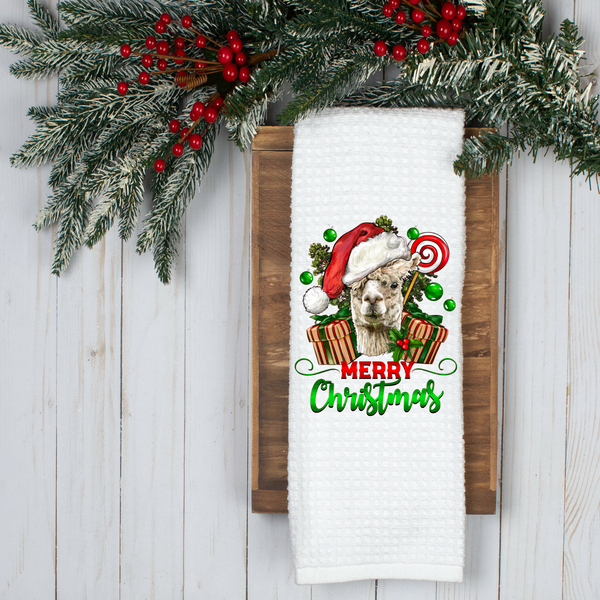 Merry Christmas Llama, Holiday Tea Towel, Christmas Kitchen Décor, Christmas Party Décor, Hostess Holiday Gift