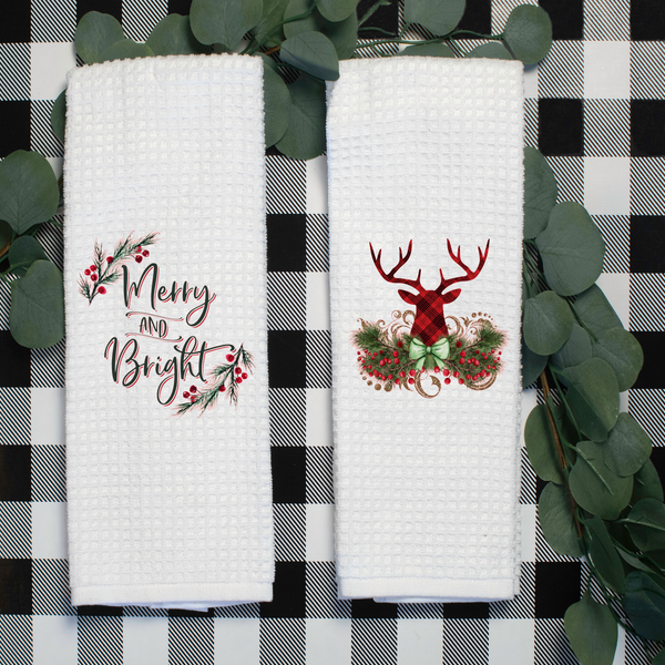 Merry and Bright Set,  Holiday Tea Towel, Christmas Kitchen Décor, Christmas Party Décor