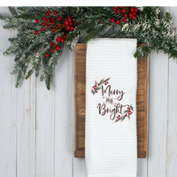 Merry and Bright Holly Design, Holiday Tea Towel, Christmas Kitchen Décor, Christmas Party Décor