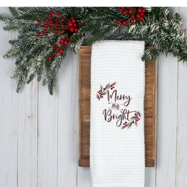 Merry and Bright Holly Design, Holiday Tea Towel, Christmas Kitchen Décor, Christmas Party Décor