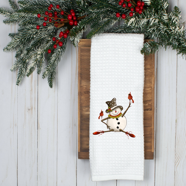 Snowman with Cardinals Tea Towel. Holiday Tea Towel, Christmas Kitchen Décor, Christmas Party Décor