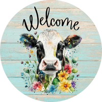 Welcome Sign, Holstein Cow, Spring Flowers, Wreath Attachment, Wreath Center,  Door Décor